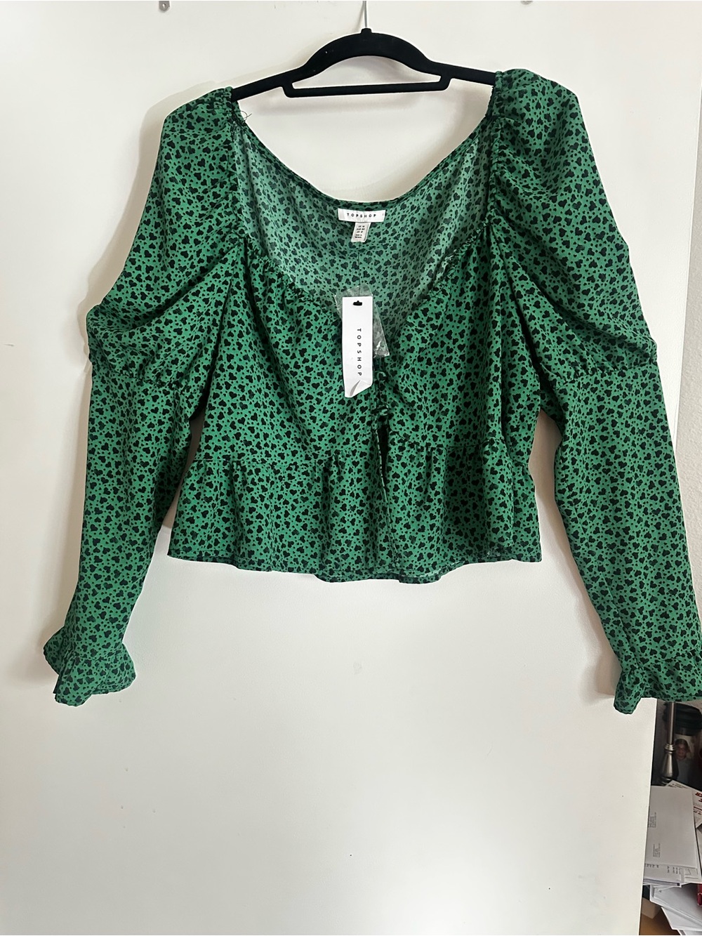 Topshop Green Micro Floral Peplum Long-Sleeve Blouse